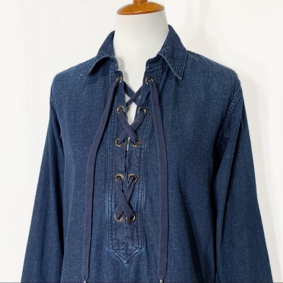 SOLD-Polo Long Sleeve Indigo Denim Pullover ShirtDress - Picture 2 of 10
